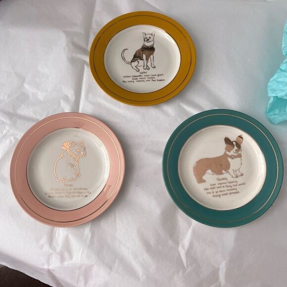 Anthropologie Dog Dessert appetizer bread plates corgi frenchie terrier-3 plates - Picture 1 of 5